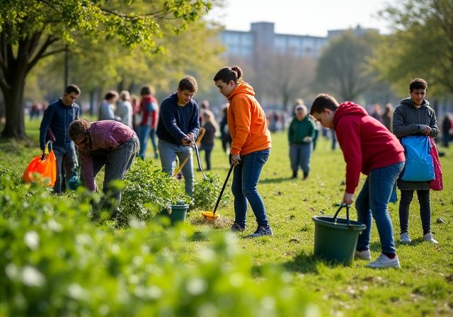 Community volunteers and young people cleaning up a Dublin park during a neighbourhood environmental action day