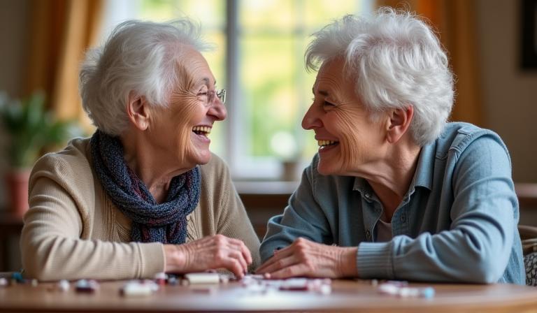 A senior participant and a young volunteer laughing together during an intergenerational activity session in Dublin