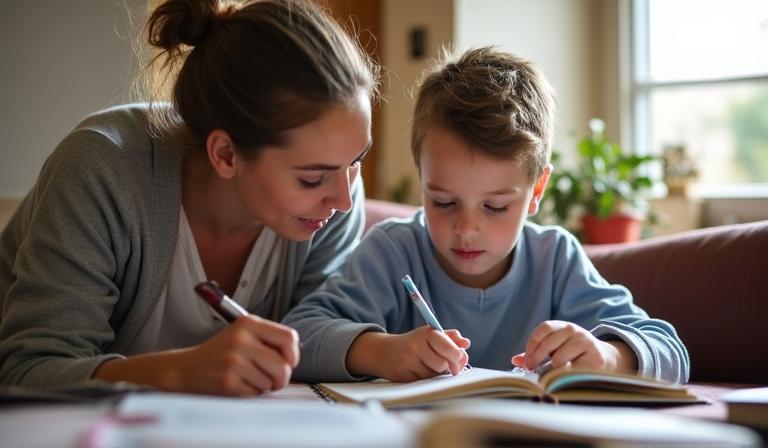 A volunteer mentor working with a primary school child on reading at a community centre